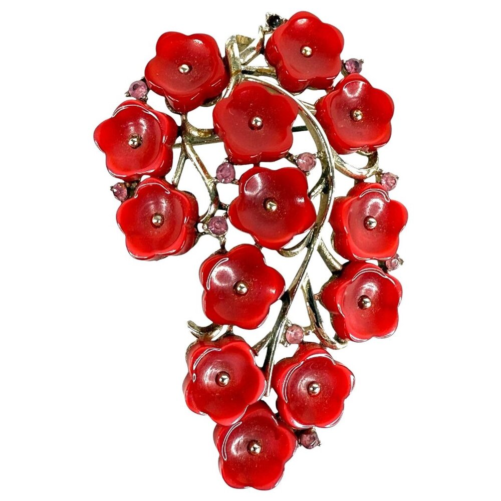 Vintage Arthur Pepper ART Red Enamel Floral Brooch Pin Gold Tone Metal‎ Jewelry